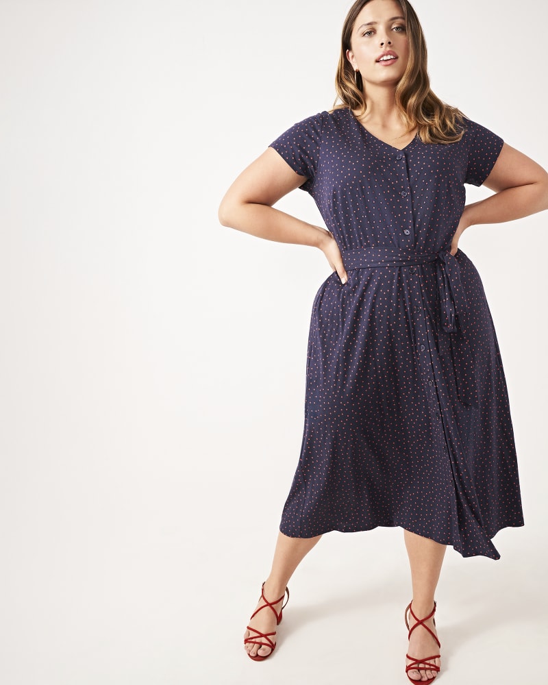 Plus size model with hourglass body shape wearing Rune Polka Dot Button-Front Maxi Dress by Chetta B. | Dia&Co | dia_product_style_image_id:160475